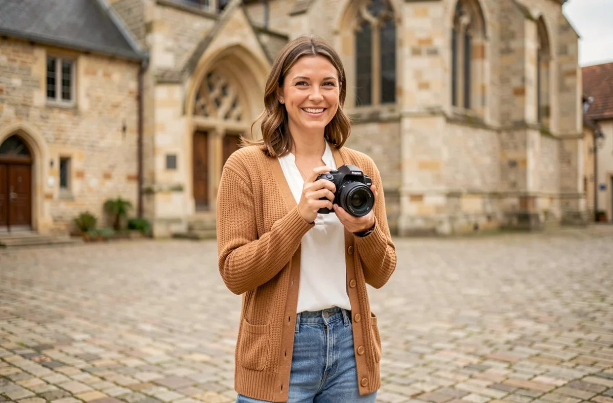 Julie Photographie, portraitiste normande souriante, dans une place de village médiéval en Normandie