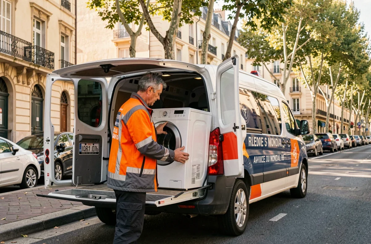 Technicien Ket Réparation Électroménager chargeant un appareil réparé dans son véhicule avenue du Mondial 98 à Montpellier