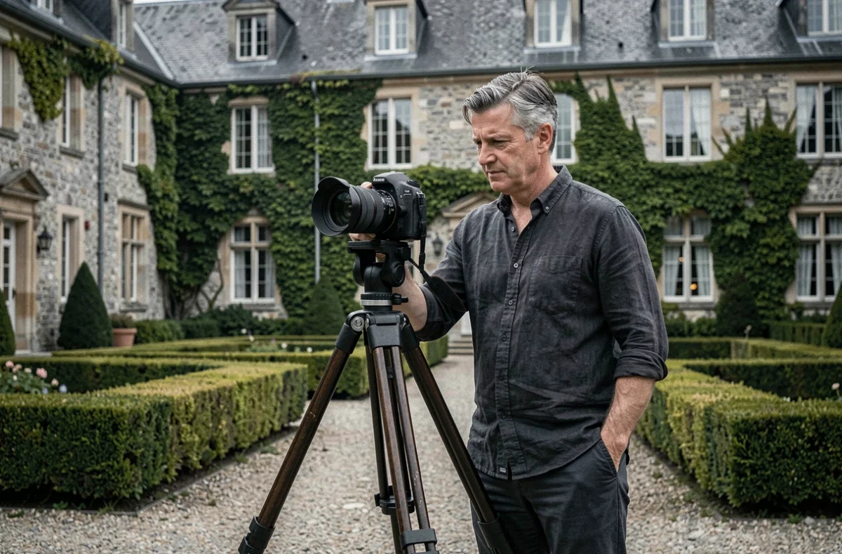 Laurent Vrevin photographe avec son appareil photo devant un manoir normand à l'architecture historique