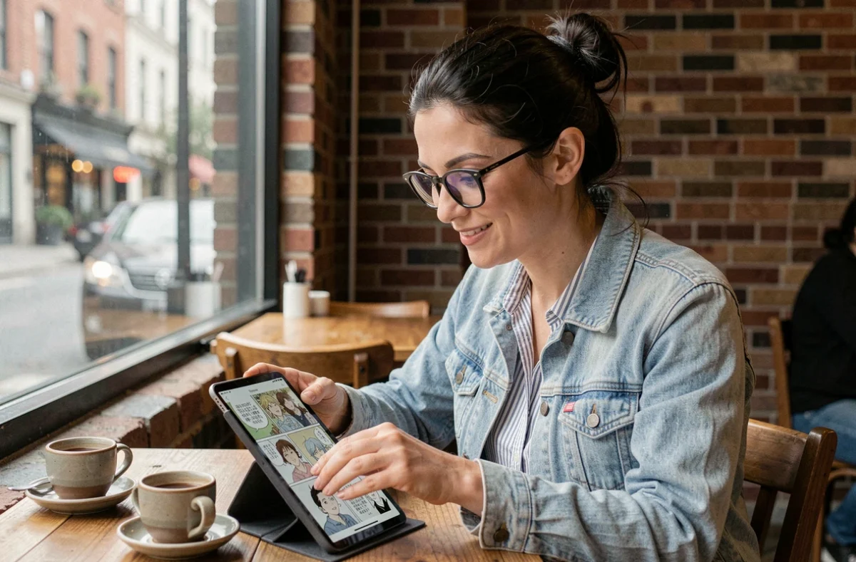 Femme lisant One Piece en scan vostfr sur tablette dans un café urbain