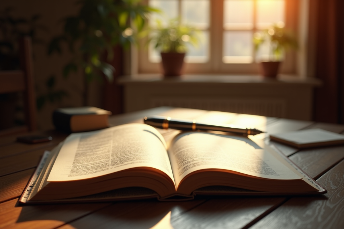 Livre ouvert sur un bureau en bois avec notes manuscrites et plume
