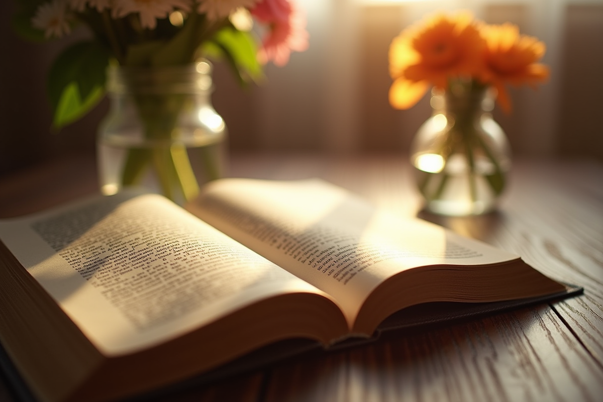 Livre ouvert avec prières manuscrites et fleurs fraîches