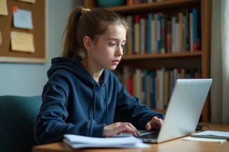 Lycéenne évaluant la fiabilité d'une liste de lecture scolaire sur son ordinateur portable