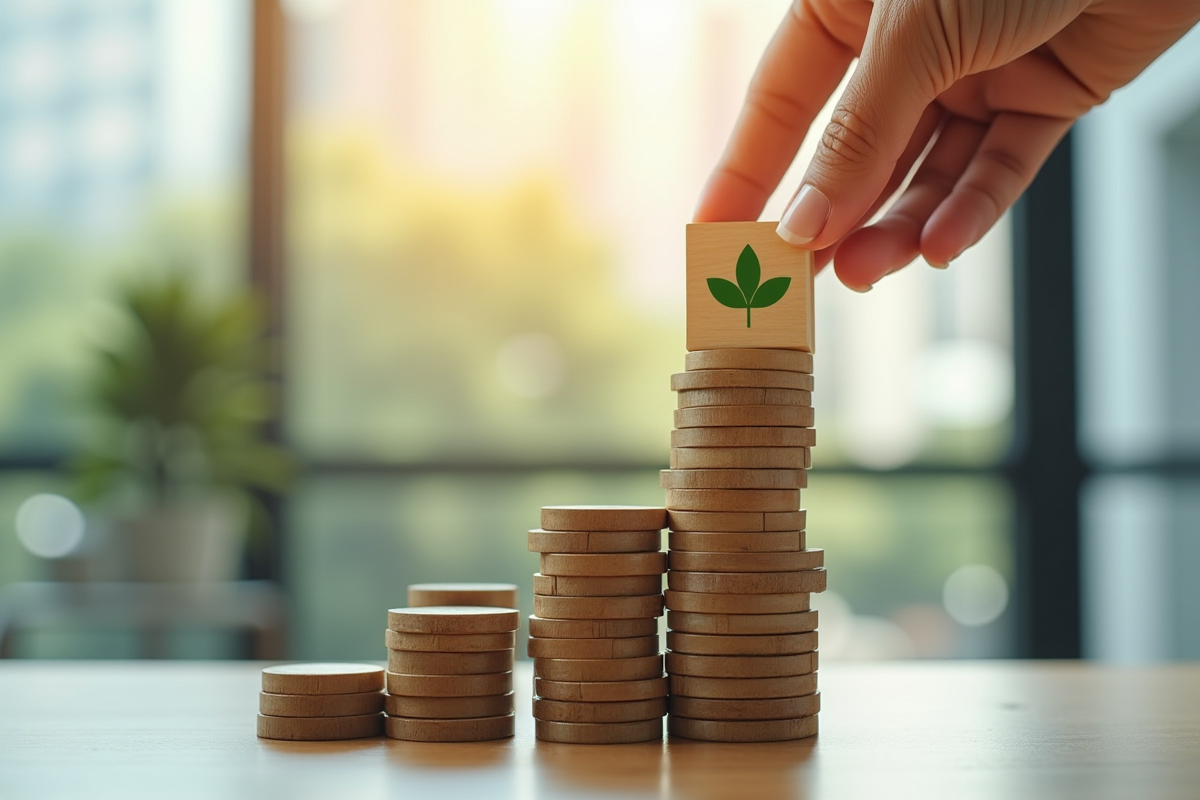 Main plaçant un bloc avec une feuille sur une tour de blocs financiers