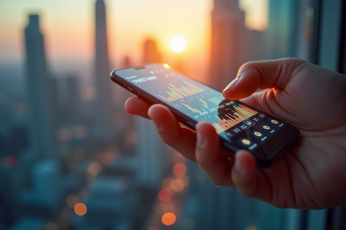 Main tenant un smartphone avec graphiques financiers et cryptomonnaies