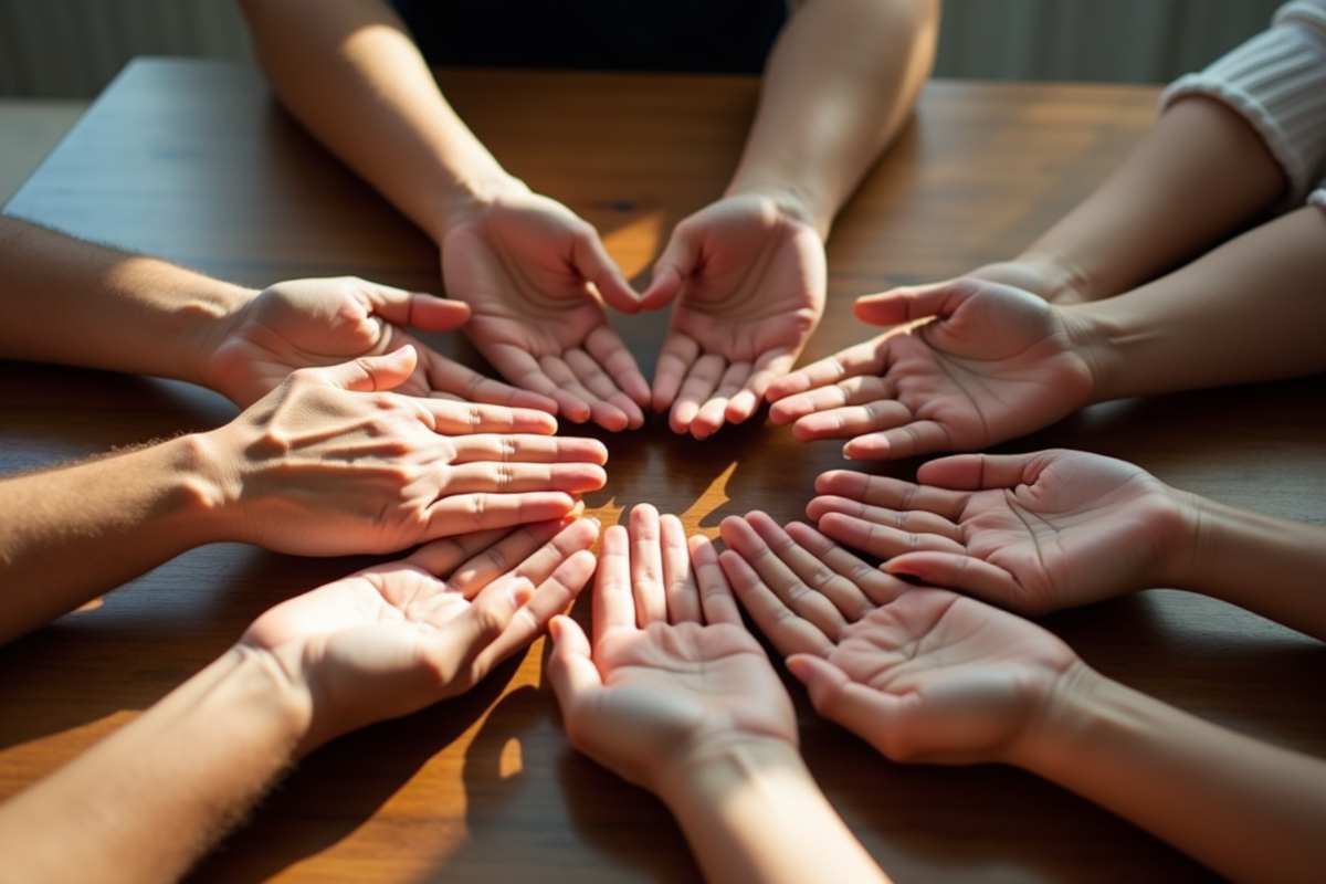 Mains diverses en soutien sur une table en bois en plein jour