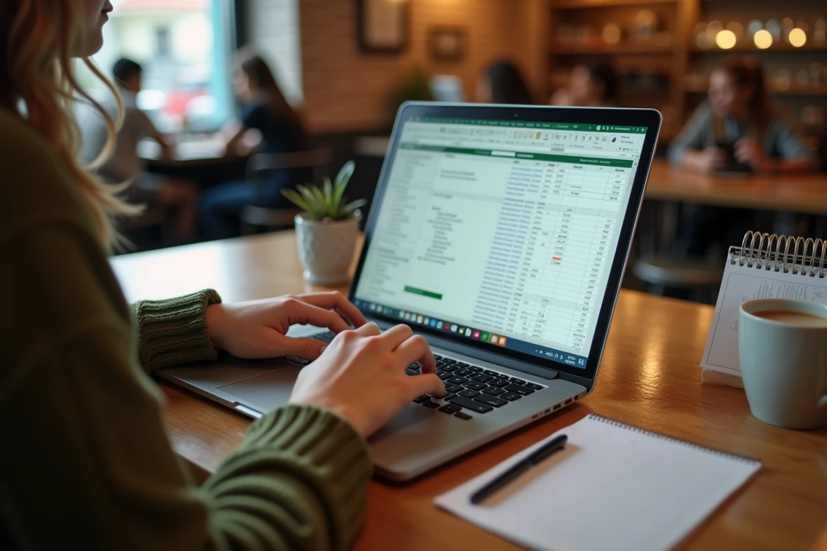 Mains tapant une formule DATEDIF dans un tableur sur un ordinateur portable posé sur une table en bois dans un café