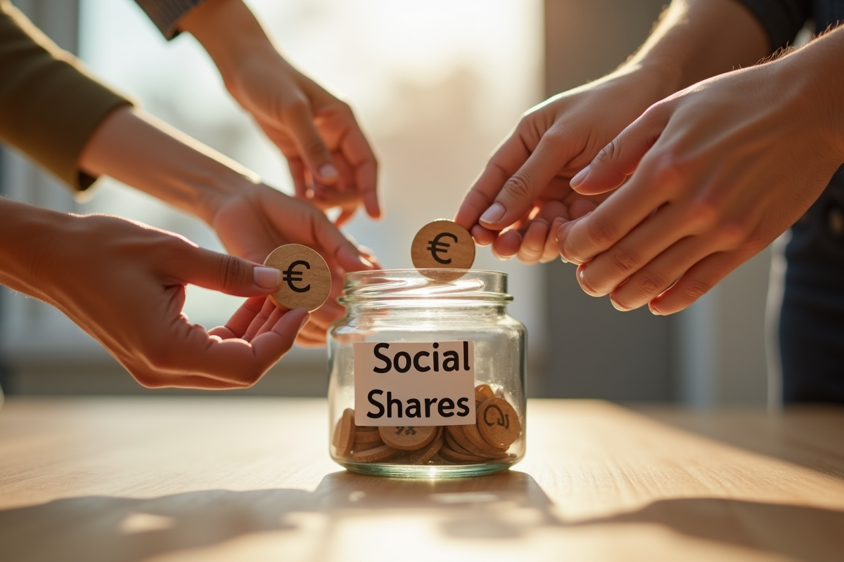 Mains déposant des jetons en euros dans un pot social