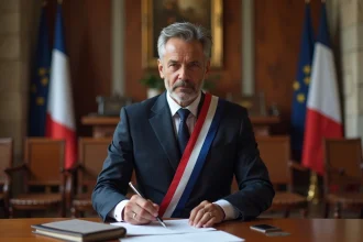 Maire français en écharpe tricolore consultant des documents officiels dans une salle du conseil municipal