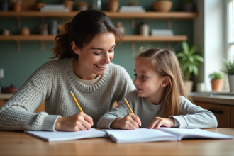 Maman aidant sa fille à faire ses devoirs à la maison