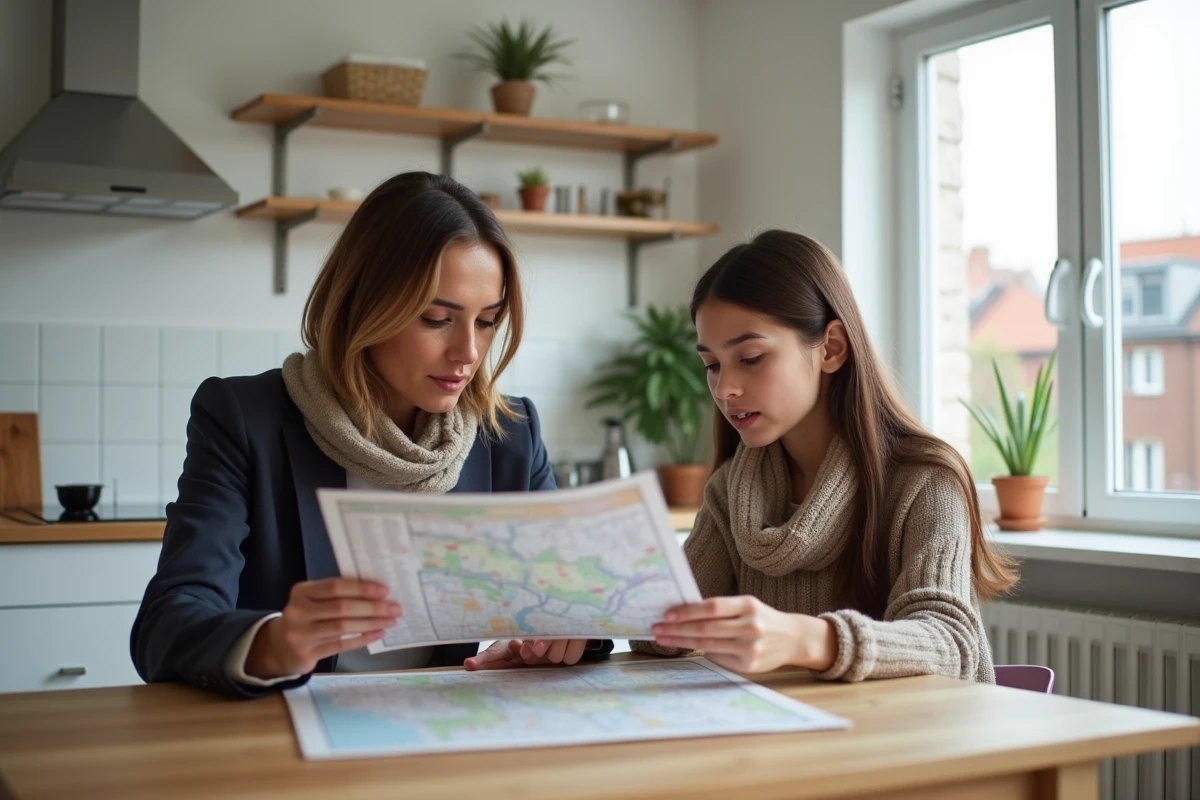M&egrave;re et fille &eacute;tudiant un plan de la ville &agrave; la maison