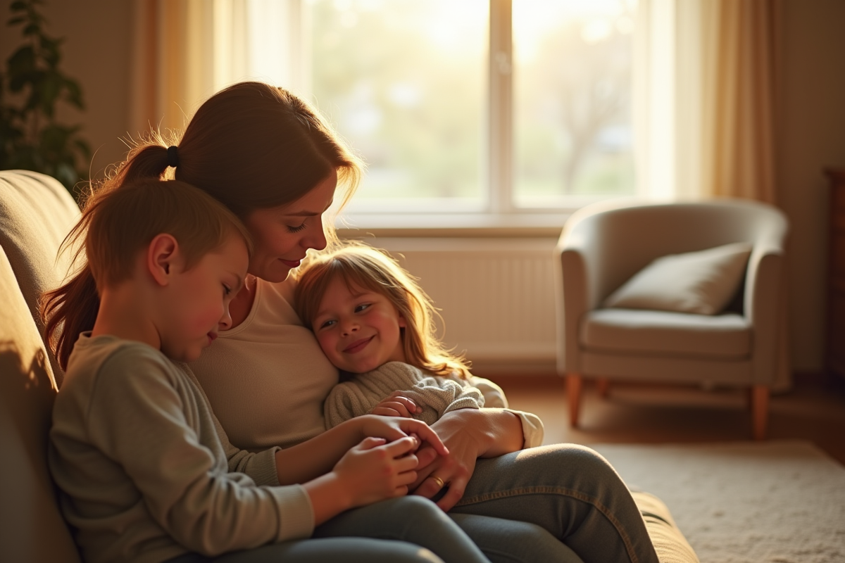 Maman consolant ses enfants dans le salon ensoleille