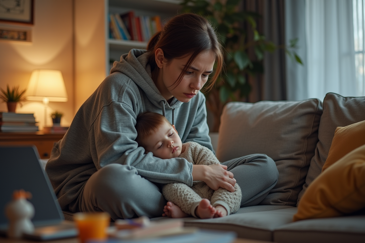 Maman fatiguée avec son enfant dans le salon