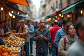 Marché extérieur bondé avec clients et vendeurs stressés