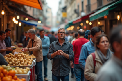 Marché extérieur bondé avec clients et vendeurs stressés