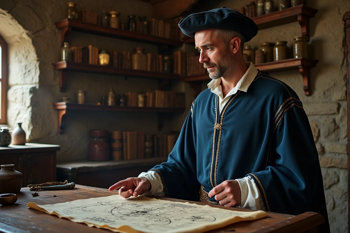 Médecin du 15e siècle avec parchemin d'astrologie