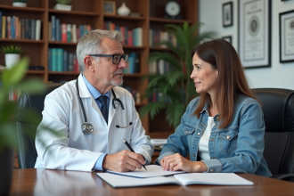 Medecin en consultation avec une patiente dans un cabinet