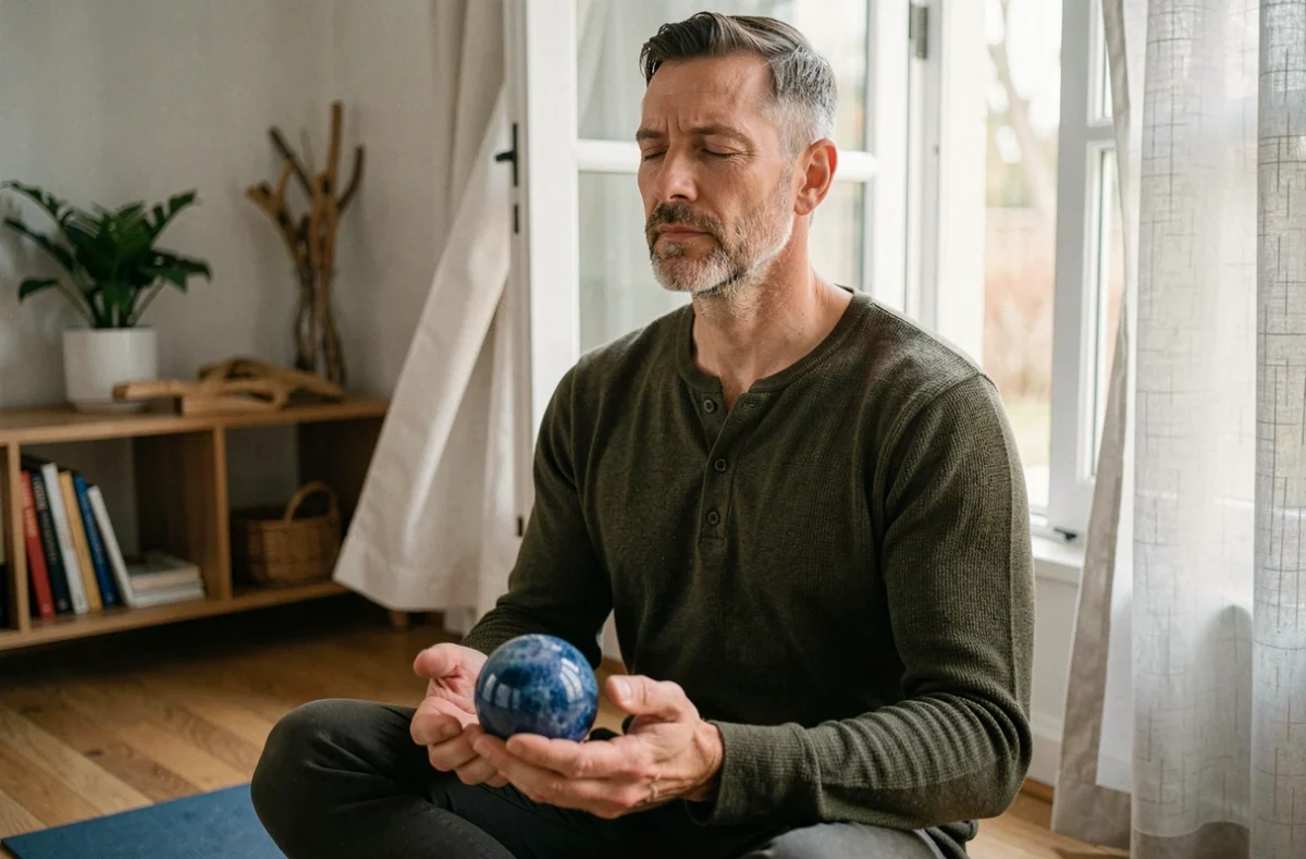 Homme en méditation tenant une sphère de sodalite bleue pour purification par intention