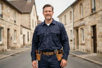 Électricien professionnel devant une rue résidentielle des Yvelines, représentant les meilleurs électriciens de la région en 2026