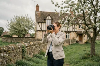 Photographe portraitiste professionnelle en Normandie devant une ferme à colombages et pommiers en fleurs