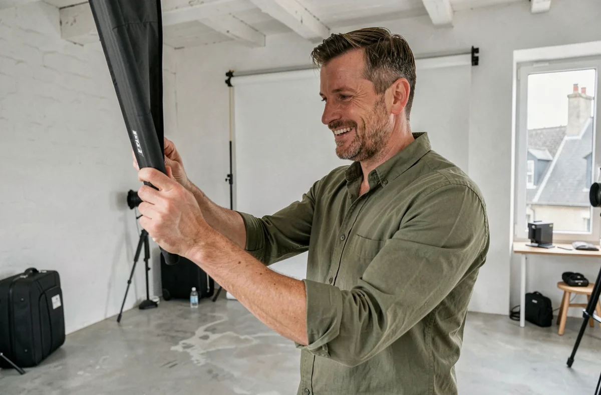 Miguel Lefrançois photographe ajustant son équipement dans son studio lumineux en Normandie
