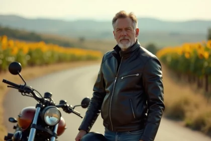 Motard en veste de cuir posant à côté de sa moto sur une route panoramique dans le Gers, entouré de collines et de champs de tournesols