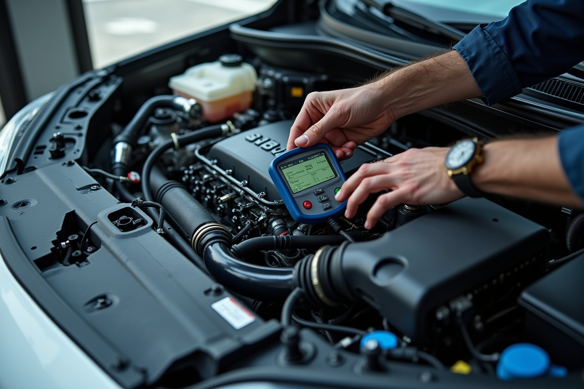 Moteur hybride en atelier avec un mécanicien utilisant des outils de diagnostic