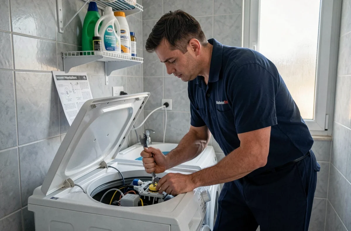 Technicien Naili Électroménager Service en réparation d'un lave-linge dans un appartement de Montpellier