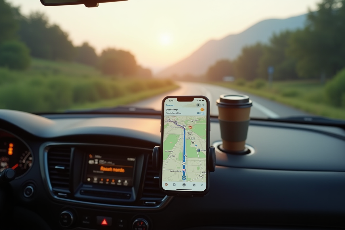 Smartphone sur le tableau de bord avec carte de route scénique