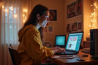 Jeune femme nostalgique regardant un ancien Skyblog sur un ordinateur portable des années 2000 dans une chambre d'adolescente rétro