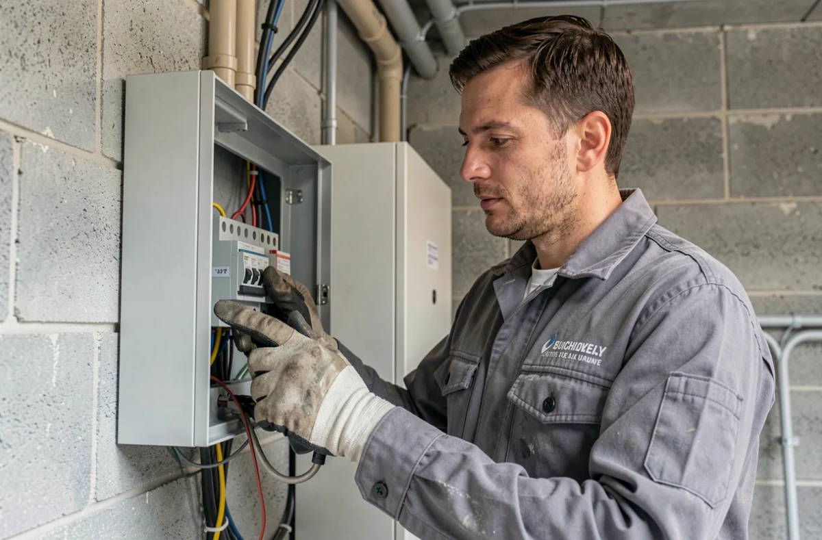 Électricien de NRCE inspectant un tableau électrique dans une maison à Buchelay dans les Yvelines