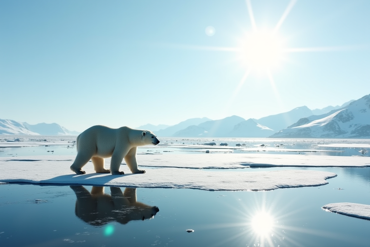 Ours polaire marchant sur la glace fondante en Arctique