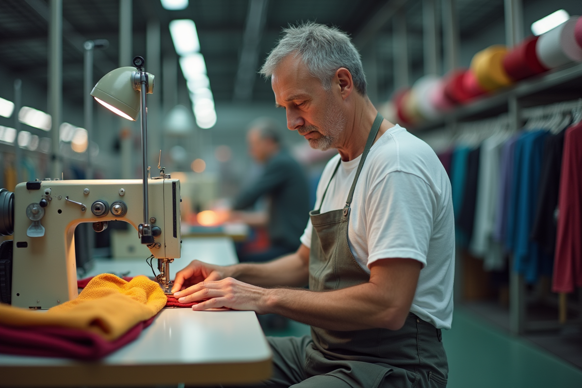 Ouvrier textile travaillant à la machine à coudre en usine