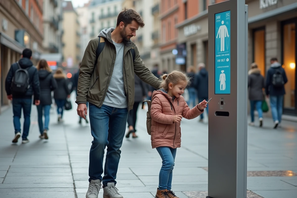 P&egrave;re aidant sa fille &agrave; utiliser un kiosque WC en ville