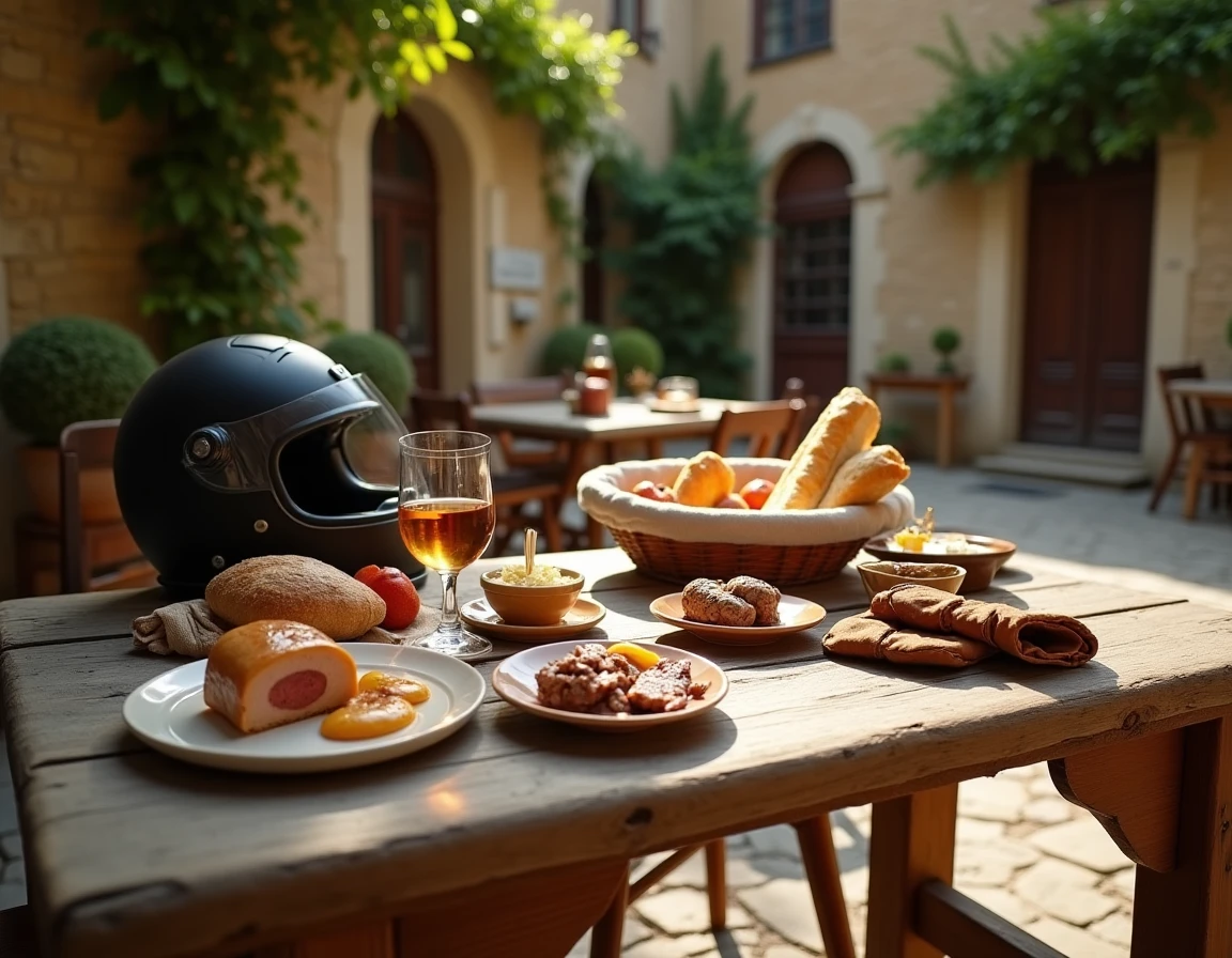 Table garnie de spécialités gasconnes sur une terrasse en pierre à Eauze, avec foie gras, Armagnac et accessoires de moto