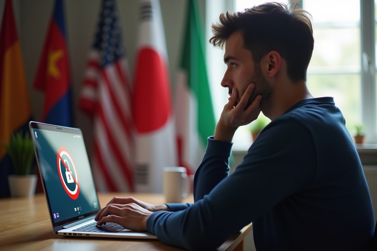 Personne devant un ordinateur avec VPN bloqué et drapeaux
