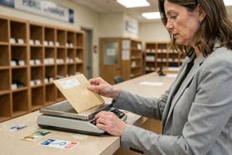 Femme professionnelle pesant une enveloppe importante sur une balance postale au guichet d'un bureau de poste