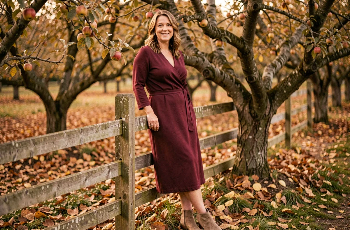 Photographe Christelle appuyée contre une clôture en bois dans un verger normand en automne