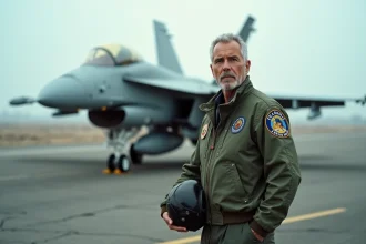Pilote de chasse en veste de vol militaire debout sur un tarmac avec un avion de combat en arrière-plan