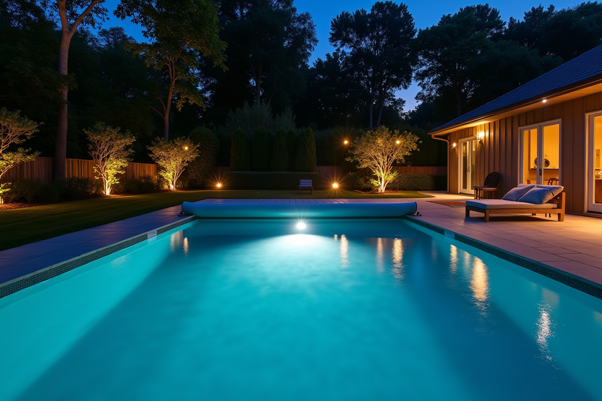 Piscine couverte dans un jardin la nuit avec éclairage doux