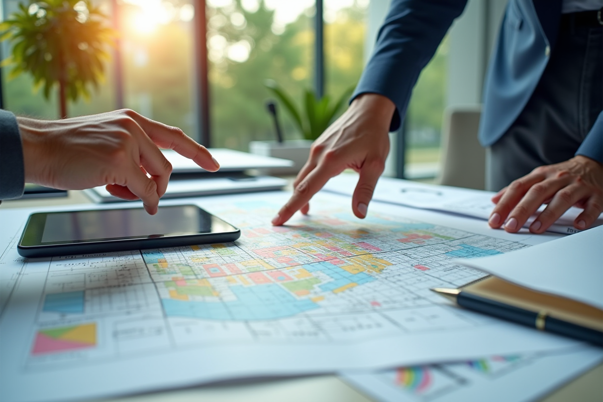 Bureau d'urbaniste avec plans et cartes colorées