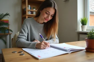 Femme écrivant dans un planning mensuel 2026 pour suivre son budget et ses dépenses sur un bureau en bois