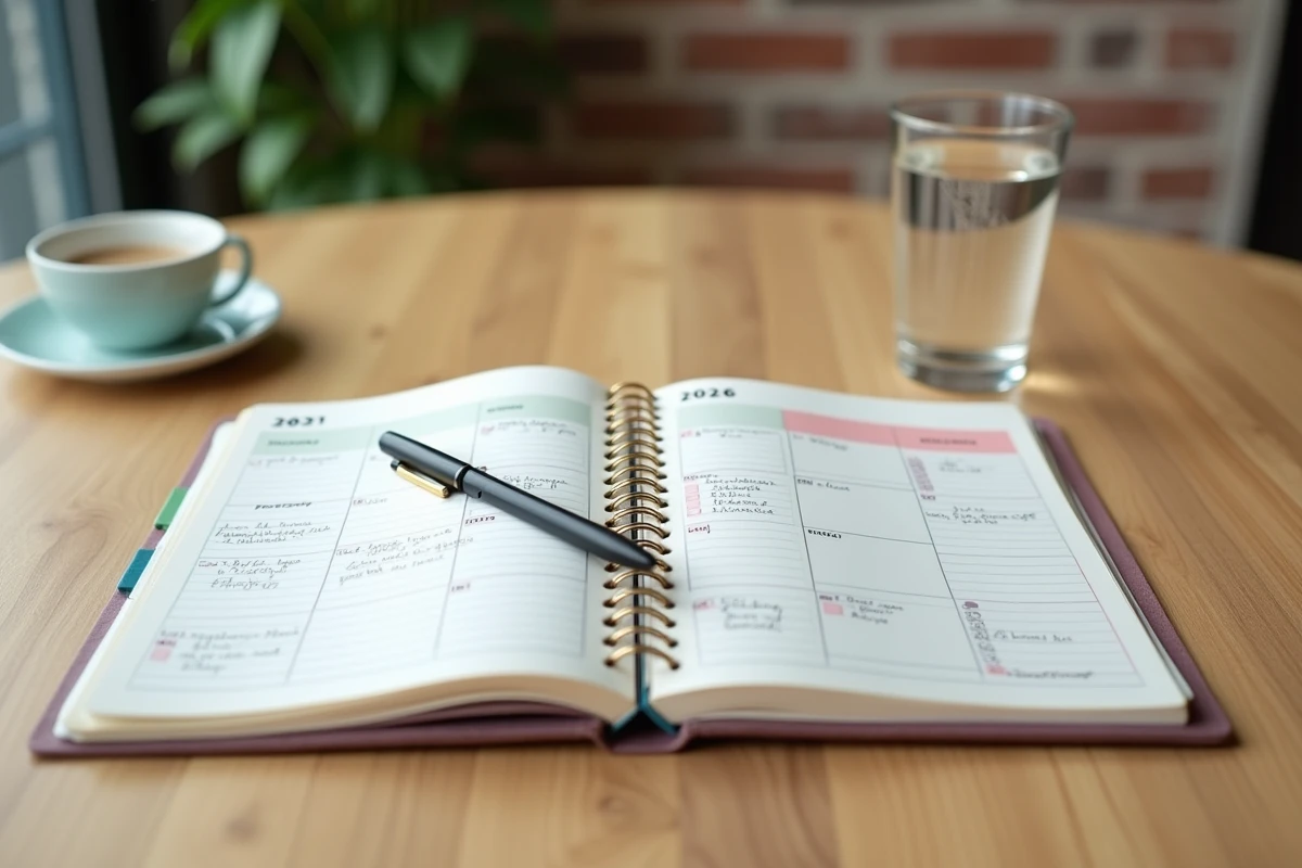 Planning mensuel 2026 ouvert avec notes de budget manuscrites, onglets colorés et post-its de dépenses sur une table en chêne