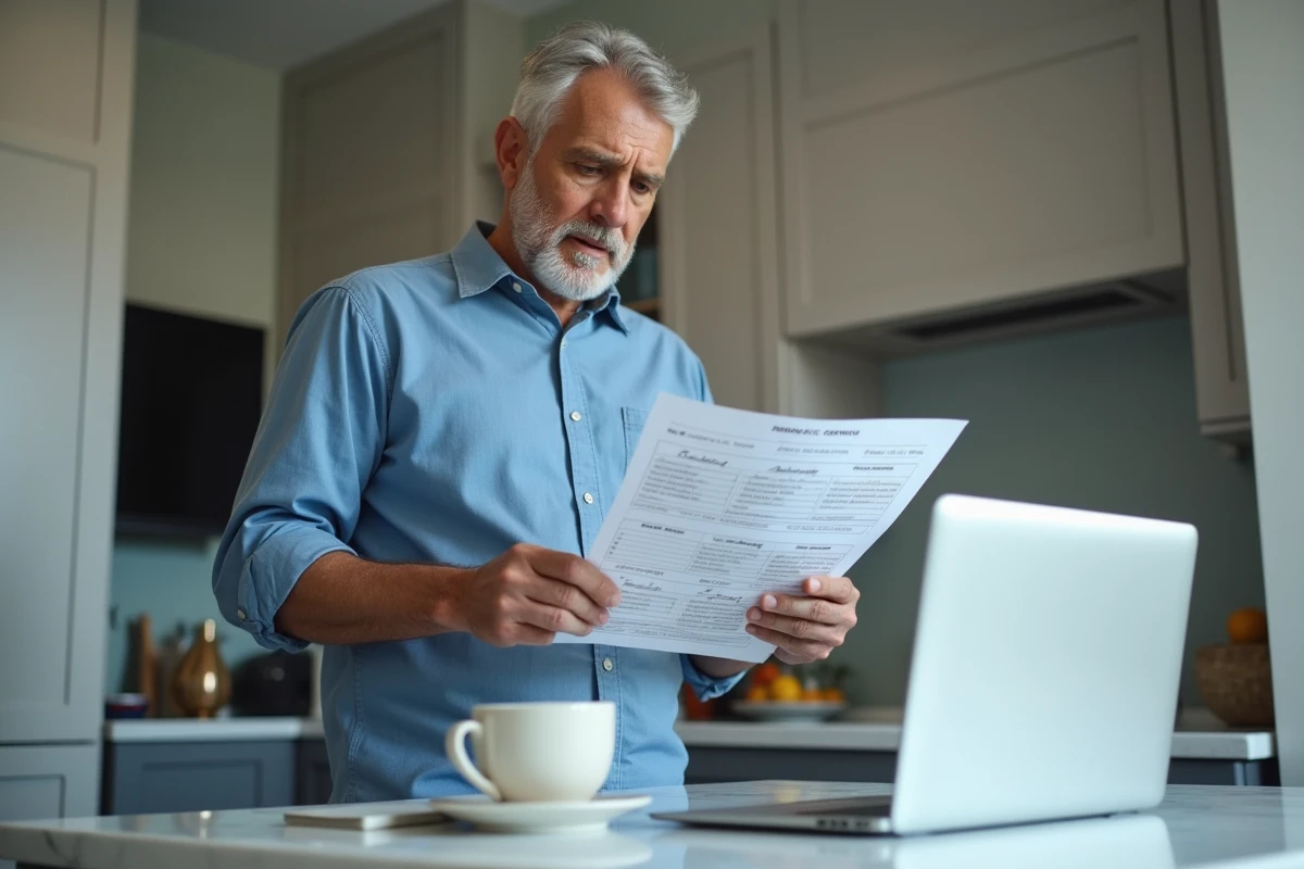 Homme comparant un planning mensuel 2026 imprimé avec un ordinateur portable pour gérer son budget familial