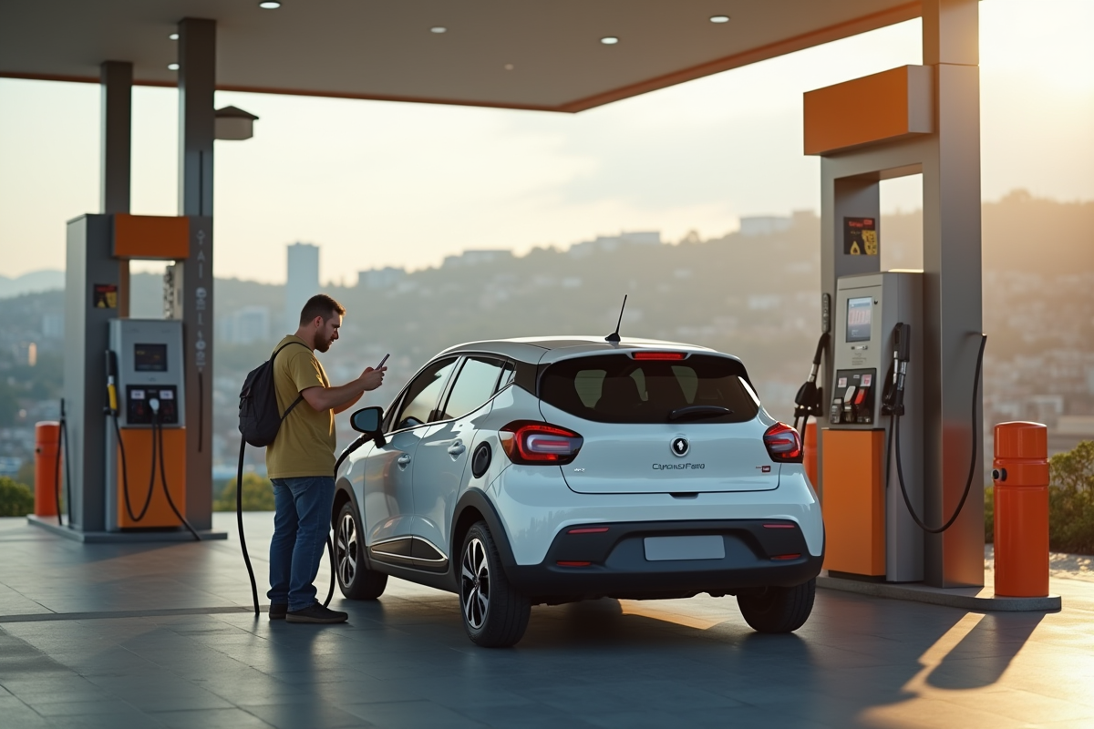 Personne faisant le plein d'une voiture compacte à une station moderne