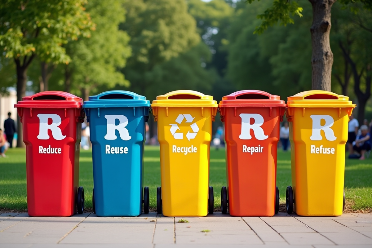 Cinq poubelles colorées de recyclage dans un parc urbain