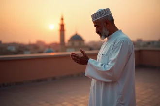 Homme en djellaba blanche priant sur une terrasse au coucher du soleil avec un minaret visible en arrière-plan