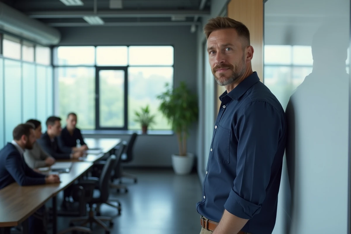 Un homme s'adressant à ses collègues dans un bureau moderne, représentant la prise de parole professionnelle et la grammaire de politesse