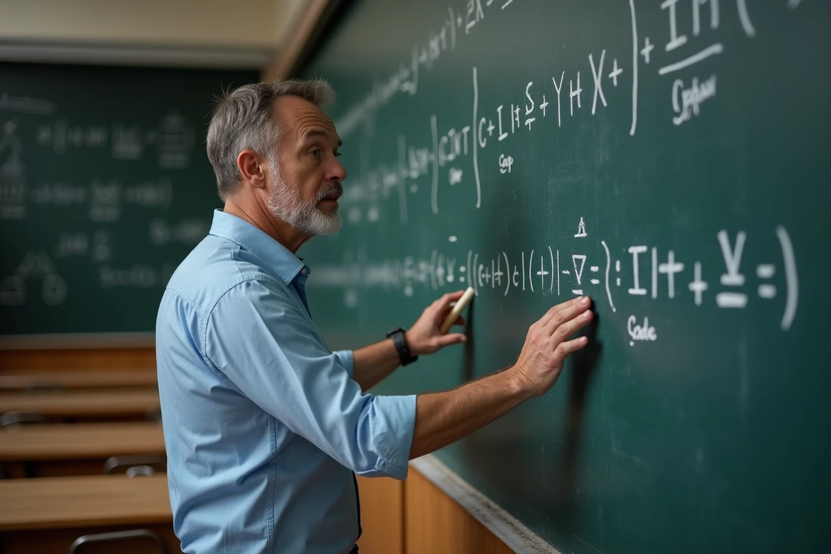 Professeur de mathématiques expliquant le symbole approximativement (≈) devant un tableau noir rempli d'équations