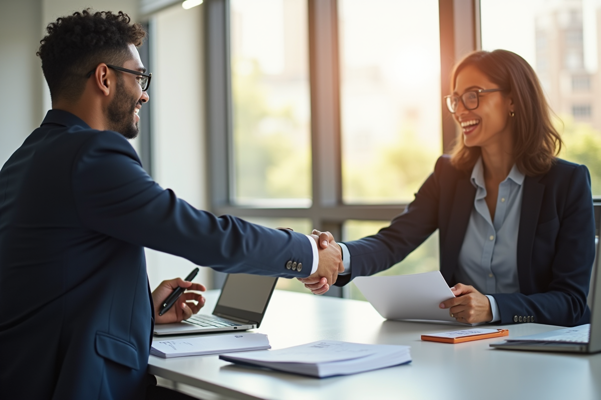 Deux professionnels se serrant la main dans un bureau lumineux